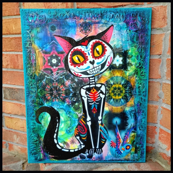 Sugar Skull Cat and Sparrow Day of Dead Painting Large 16x20 Canvas Handmade - Picture 8 of 10